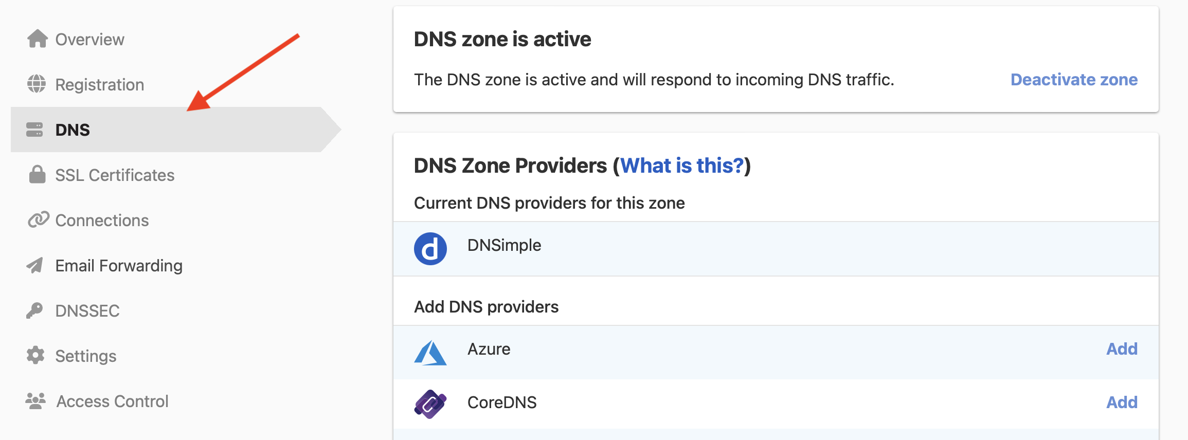 tab for link to dns settings